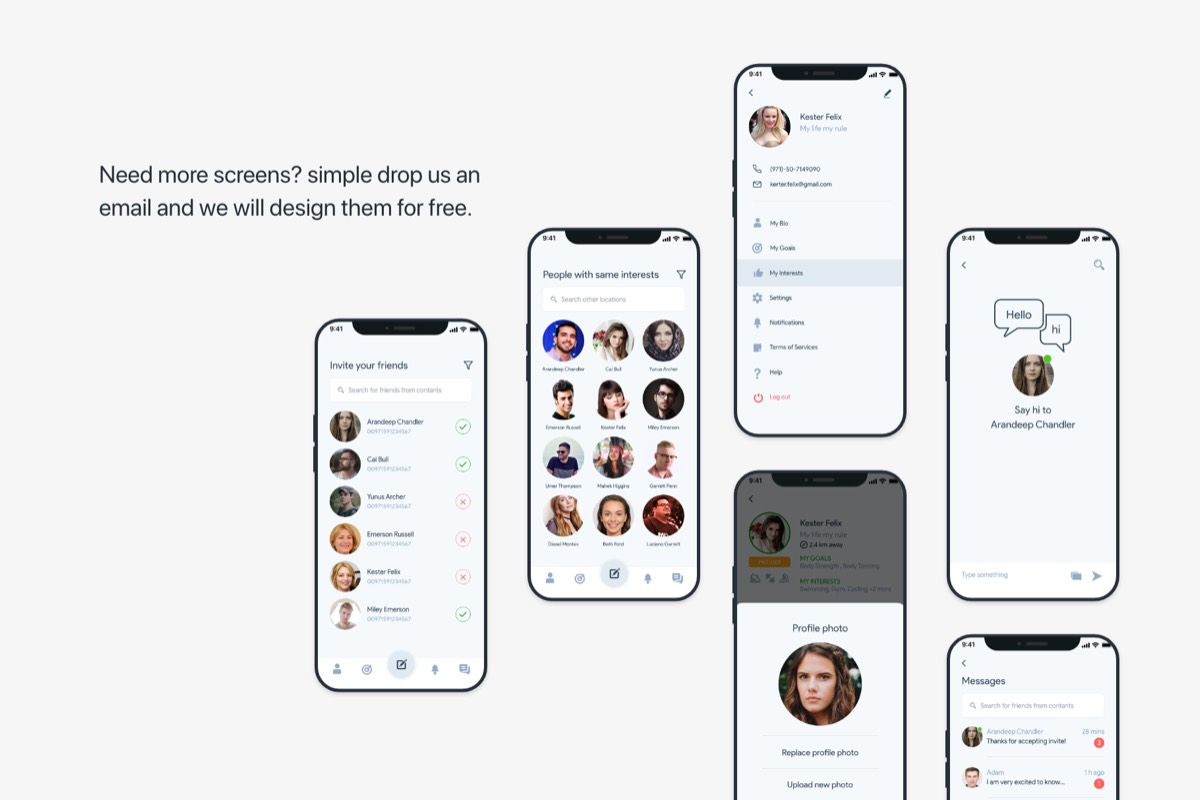 Fitocial social and messaging screens