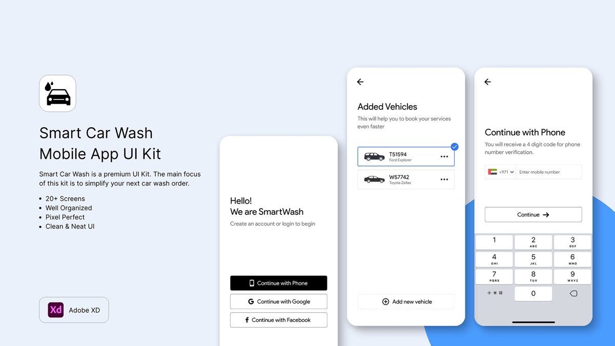 Smart Car Wash mobile app UI kit